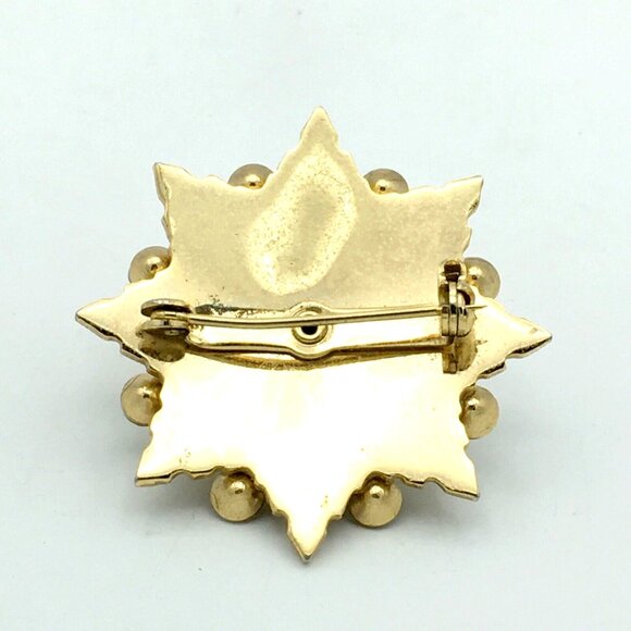 MID-CENTURY sunburst brooch - gold-tone rhinestone & onyx pin heavy layered dome - Picture 8 of 8